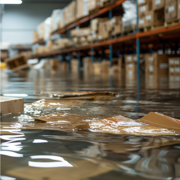 A flooded warehouse with cardboard floating on the water