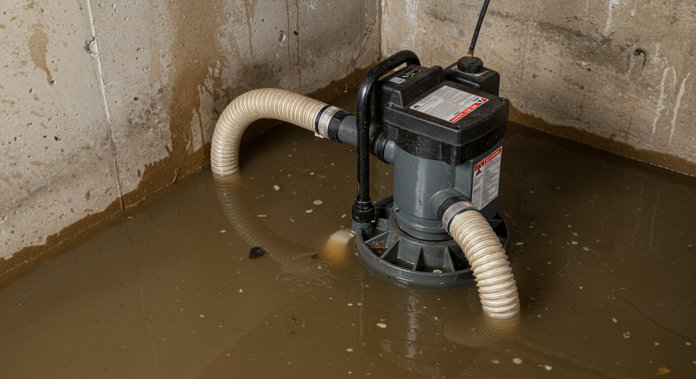 sump pump installation, pumping machine extracting flood