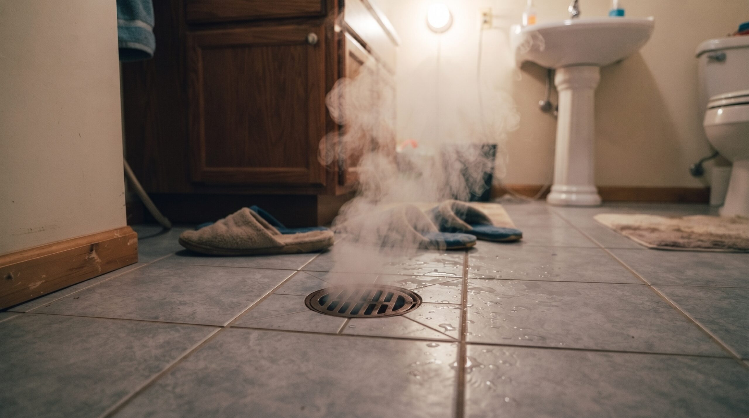 Steam_rising_from_bathroom_drain_202607291554 cleaning grass traps, avoid grass obstruction in your pipelines